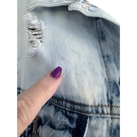 We The Free People Women's Sz XS Destroyed Long & Lean Trucker Jacket Acid Wash - Picture 11 of 14